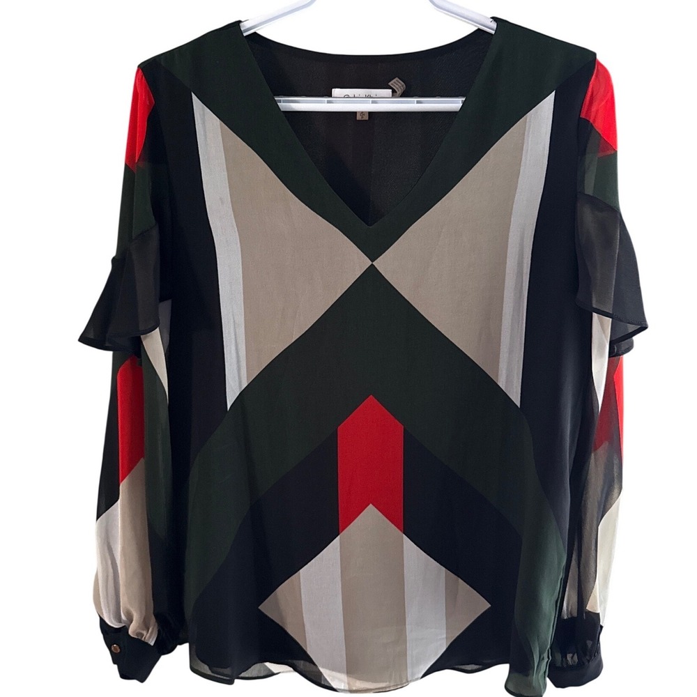 Calvin Klein Womens V-Neck Geometric Chevron Ruffle Sleeve Blouse Black Green S